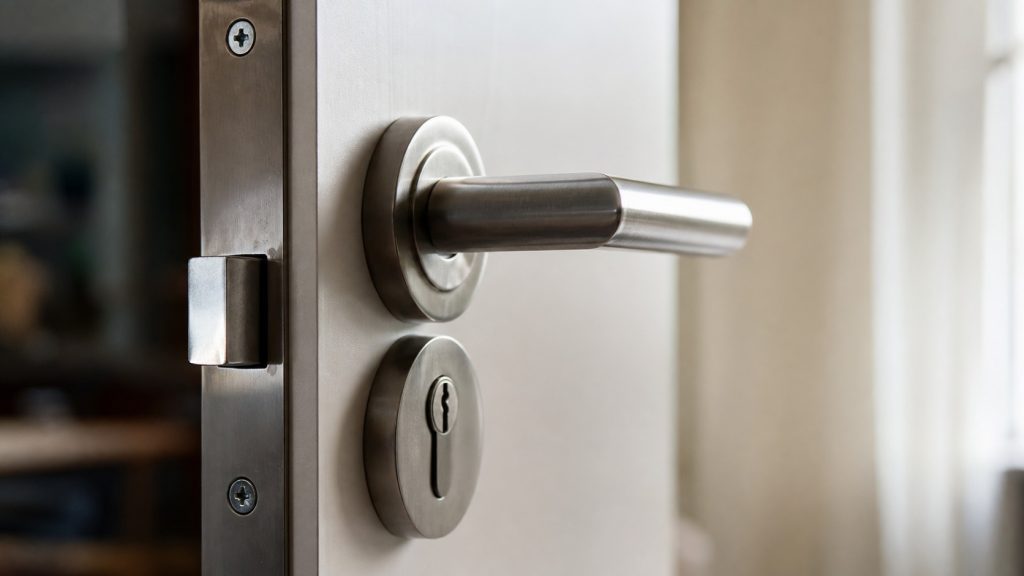 Poignée de porte et pêne métallique vus de près